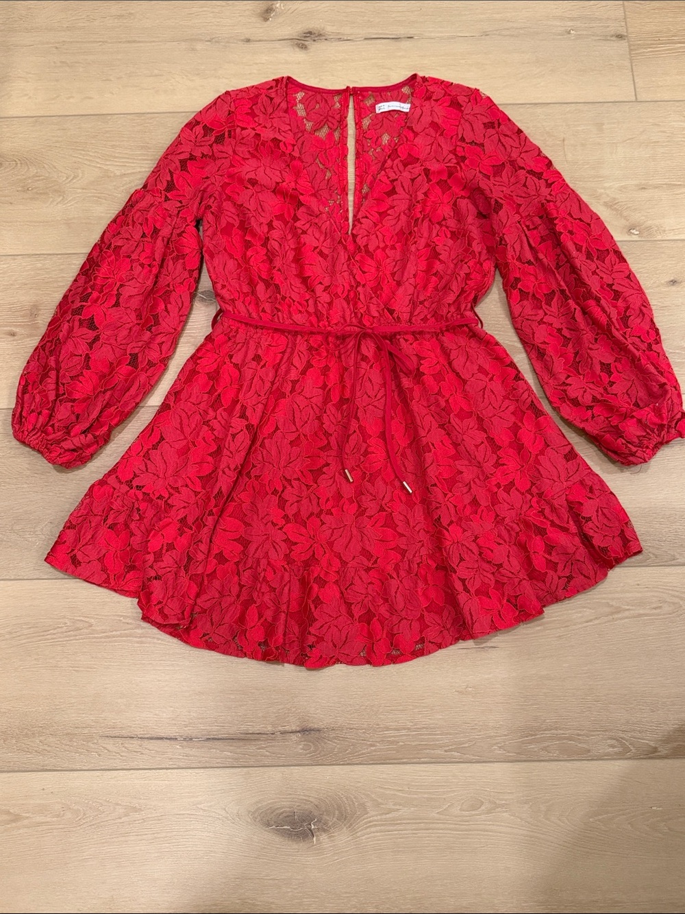 Here Comes the Sun Red Lace Floral Long Sleeve Mini Dress